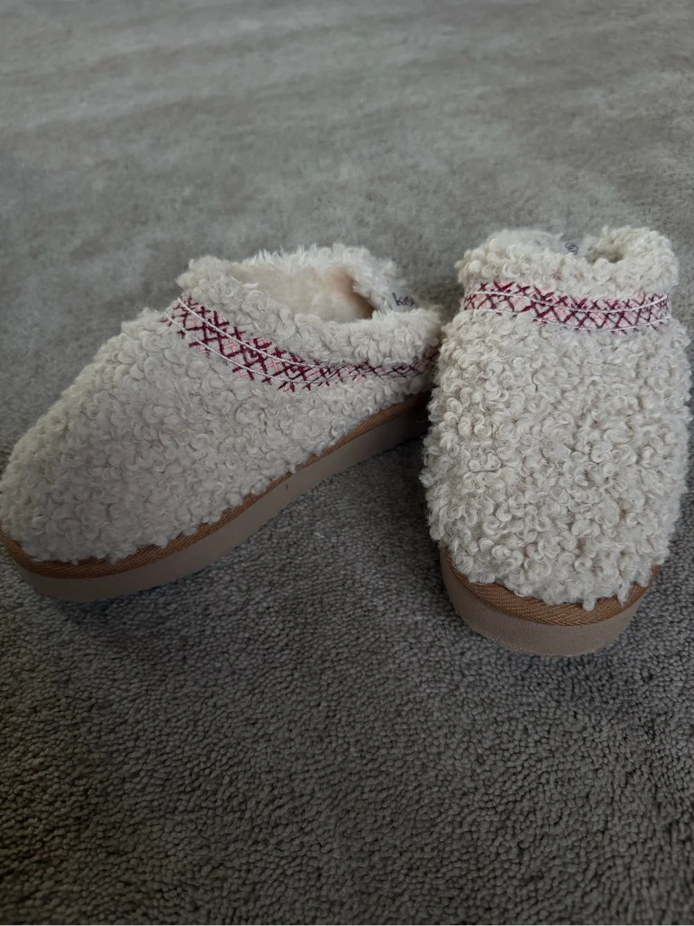 Kooba Cream Sherpa Slip-On Clogs with Red Stitching